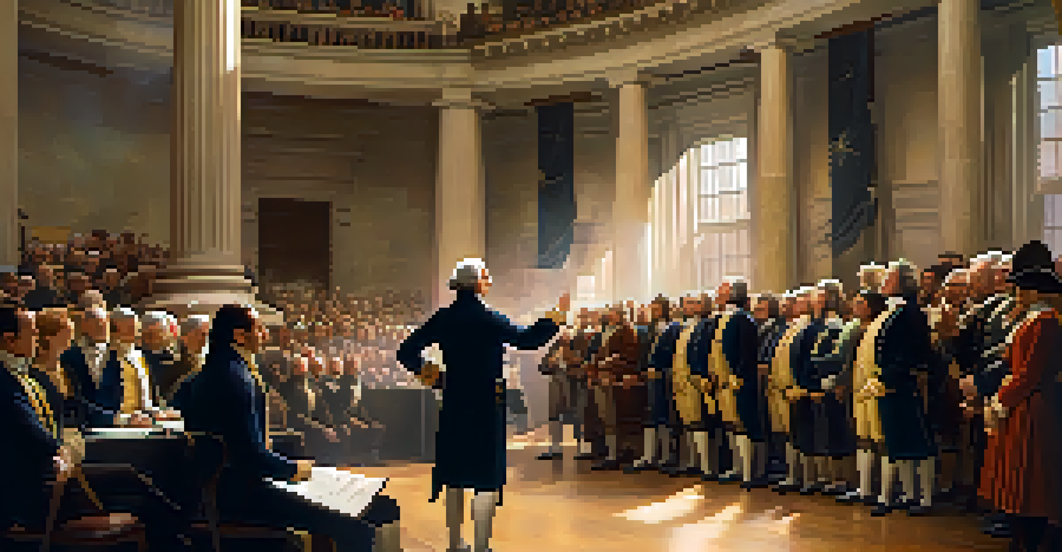 George Washington taking the oath of office at Federal Hall surrounded by a crowd of citizens.