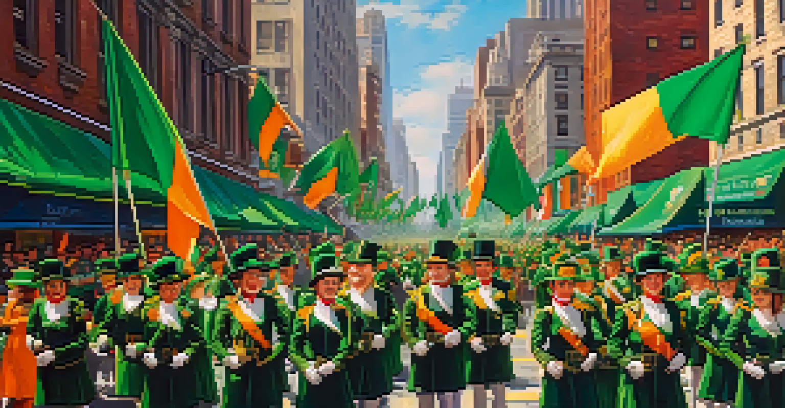 A lively St. Patrick's Day parade in New York City, featuring colorful floats, dancers in traditional attire, and a festive crowd.