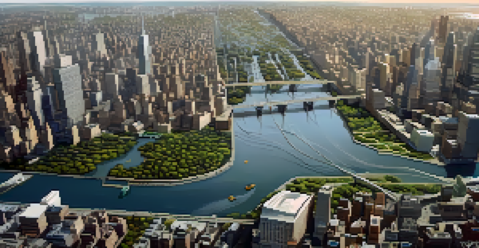 An aerial view of New York City highlighting a smart stormwater management system amidst the urban environment.