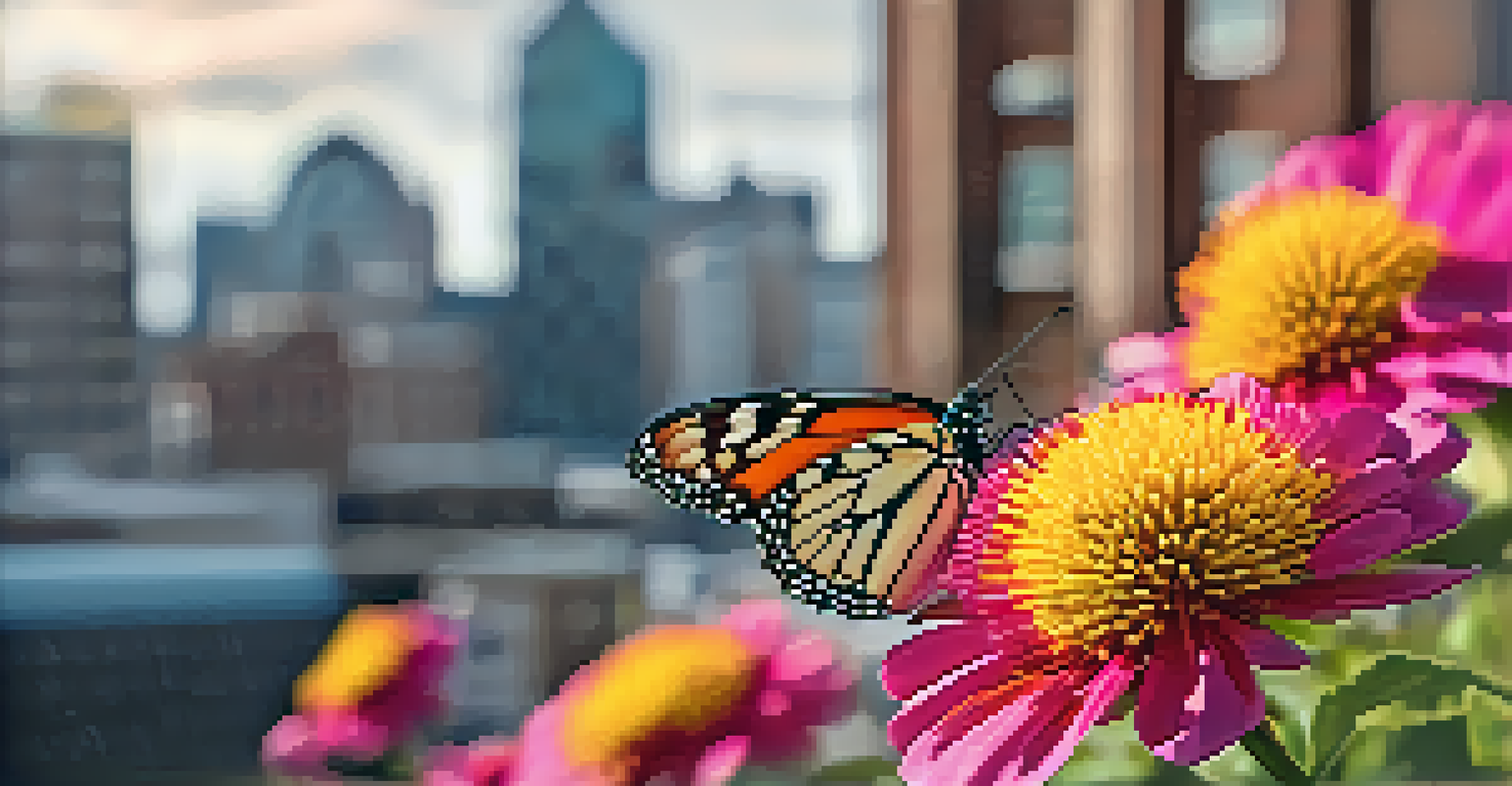 A close-up of a butterfly on a flower in an urban garden, with a blurred city skyline in the background, showcasing the beauty of nature in the city.