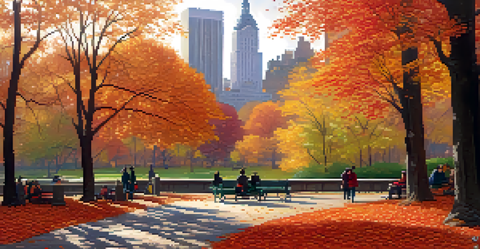 A picturesque autumn scene in Central Park with colorful leaves and a winding path, featuring people enjoying the outdoors and the New York City skyline in the background.
