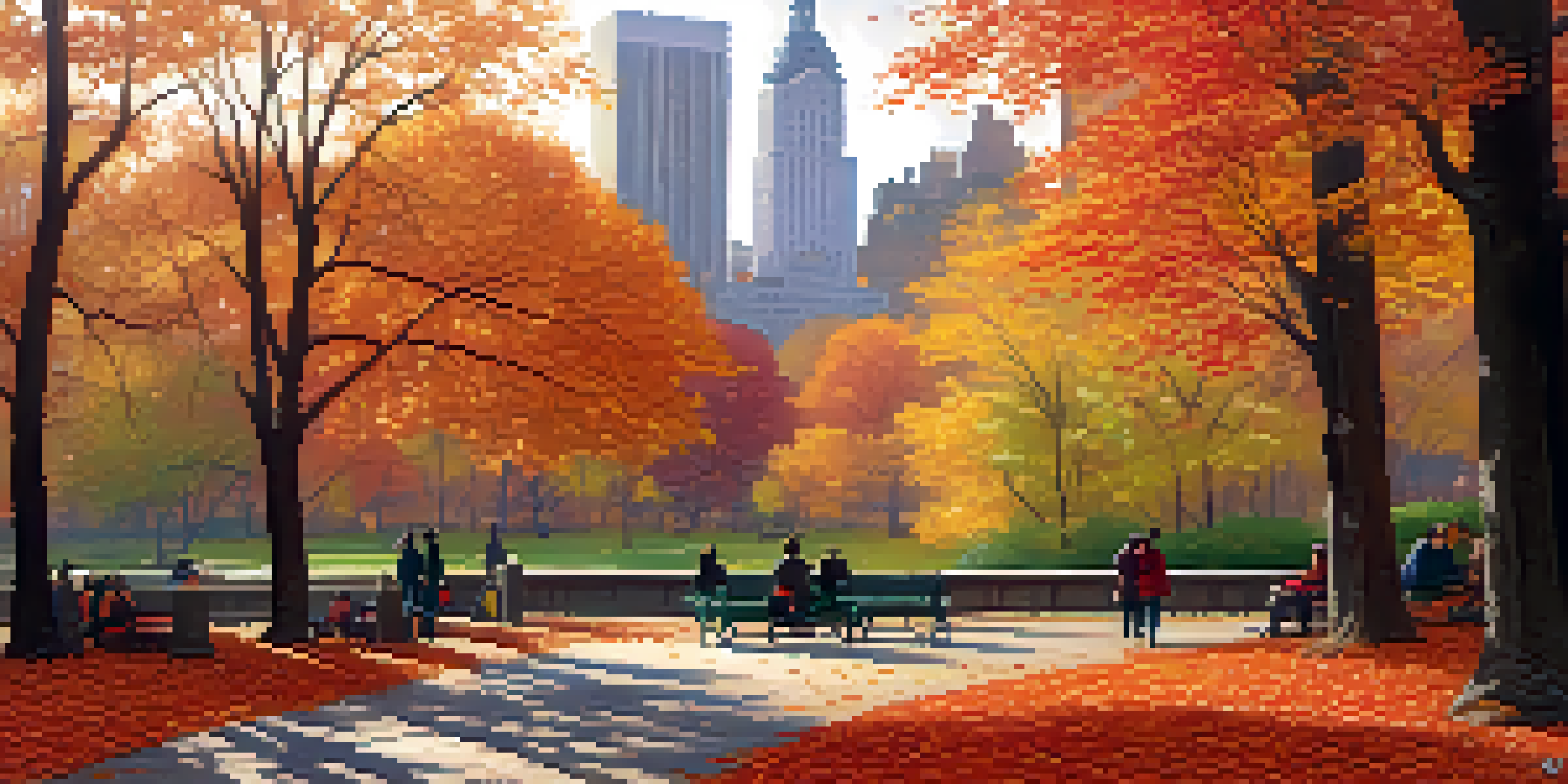 A picturesque autumn scene in Central Park with colorful leaves and a winding path, featuring people enjoying the outdoors and the New York City skyline in the background.