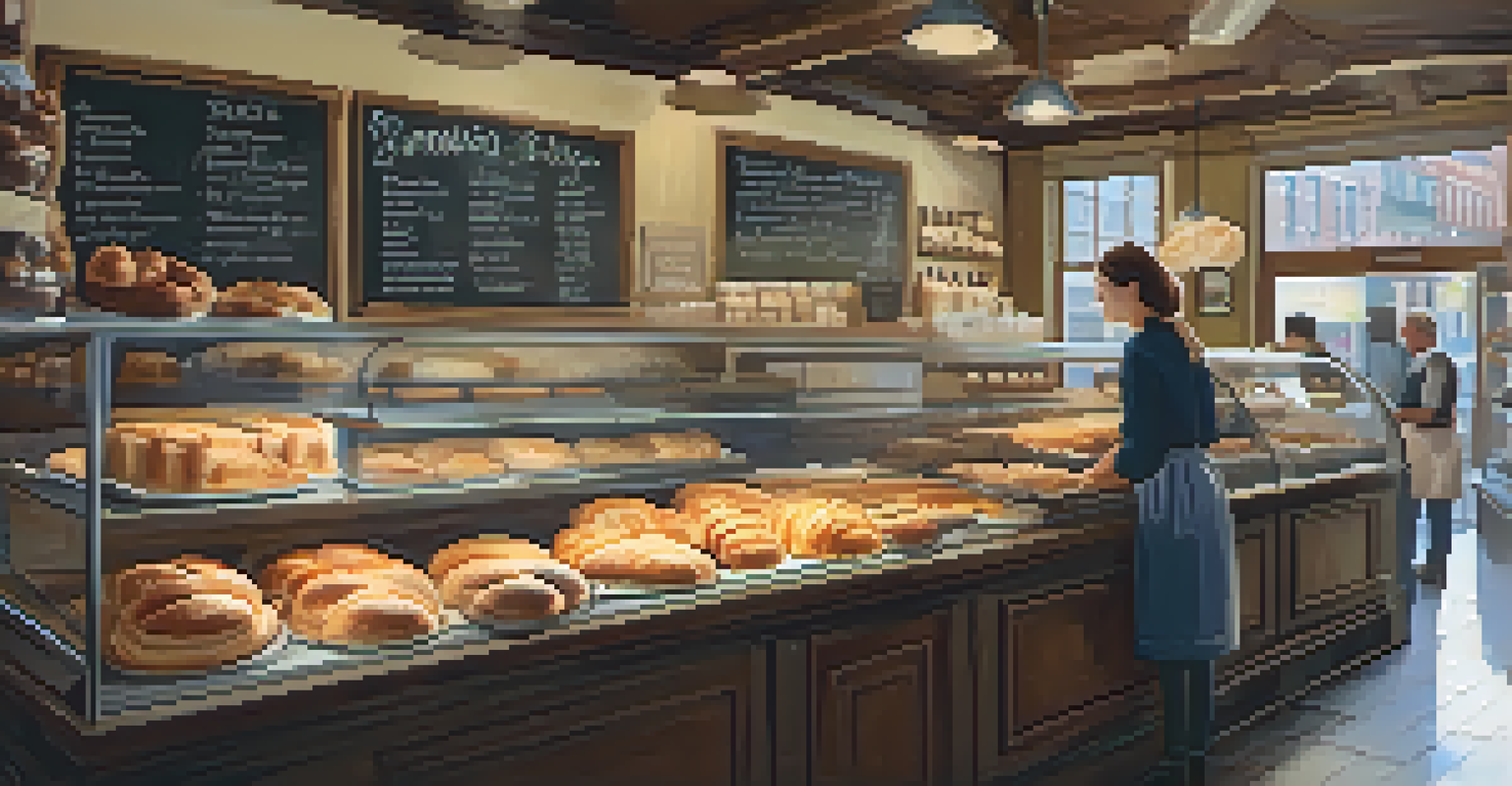 The inviting interior of a small bakery in New York City, showcasing fresh pastries and a friendly baker.