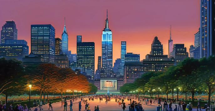 A beautiful view of New York City's skyline at dusk with warm colors in the sky and city lights, and a park in the foreground filled with people.