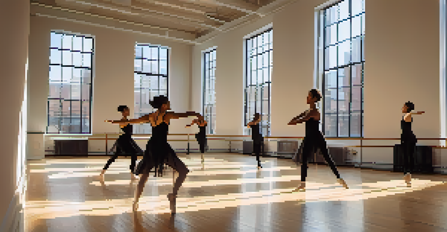 A diverse group of young dancers participating in a contemporary dance workshop in a well-lit studio, guided by an enthusiastic instructor.