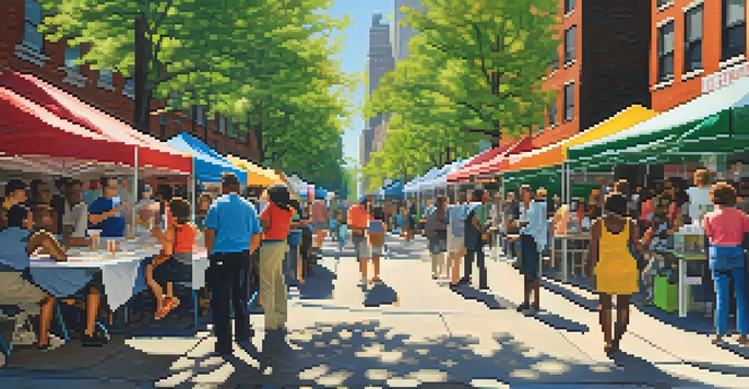A lively community health fair in New York City with diverse participants, colorful booths, and sunlight filtering through trees.
