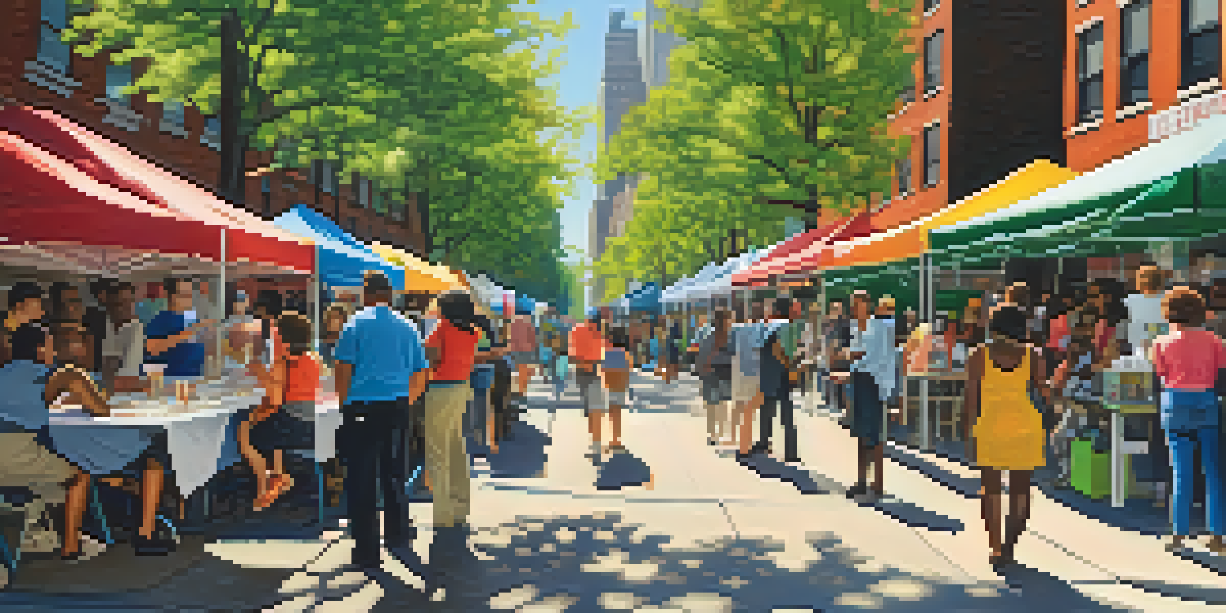 A lively community health fair in New York City with diverse participants, colorful booths, and sunlight filtering through trees.