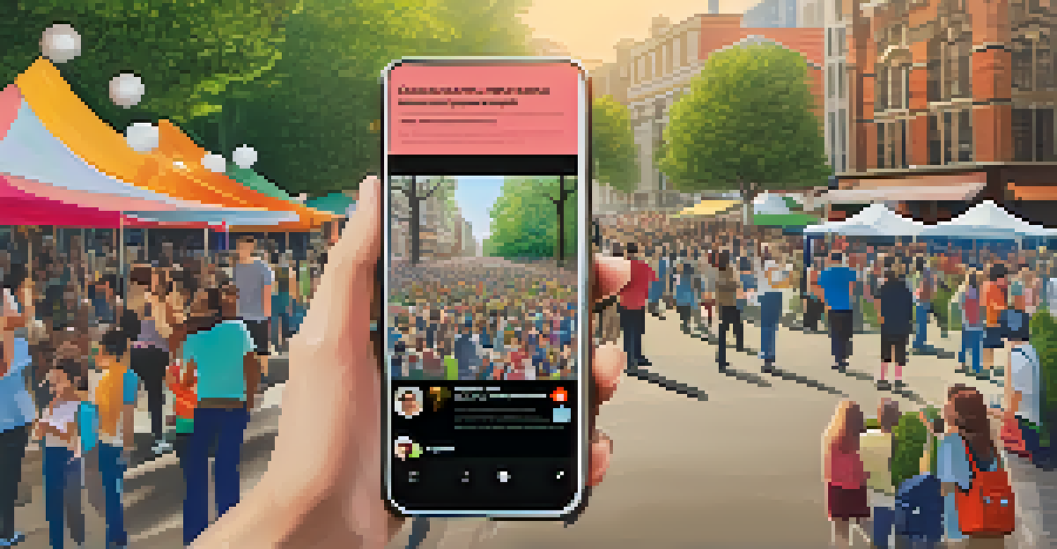 A close-up of a smartphone displaying social media posts about civic engagement, with a blurred park in the background.