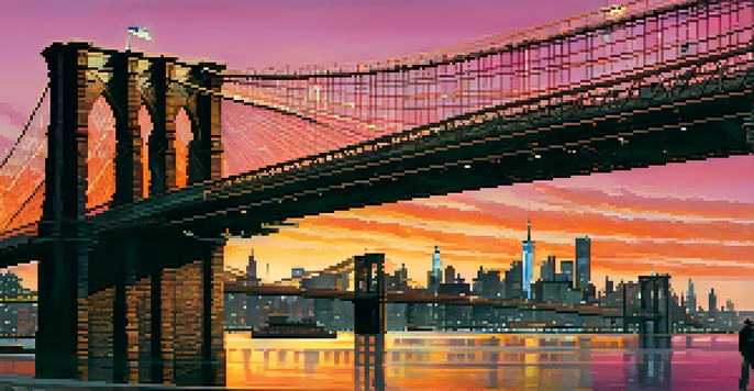 A stunning sunset view of the Brooklyn Bridge with pedestrians walking and the Manhattan skyline in the background.