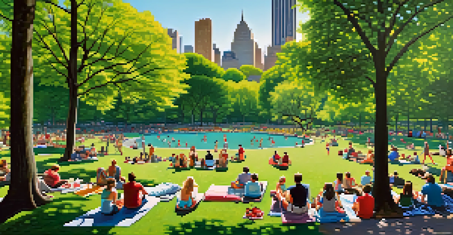 Aerial view of Central Park, showcasing lush greenery and visitors engaging in outdoor activities with the city skyline in the background.