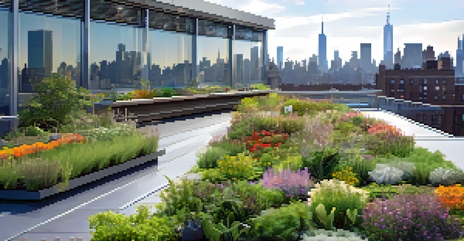 A green roof on a NYC building with diverse plants and seating areas, set against the backdrop of the Manhattan skyline.