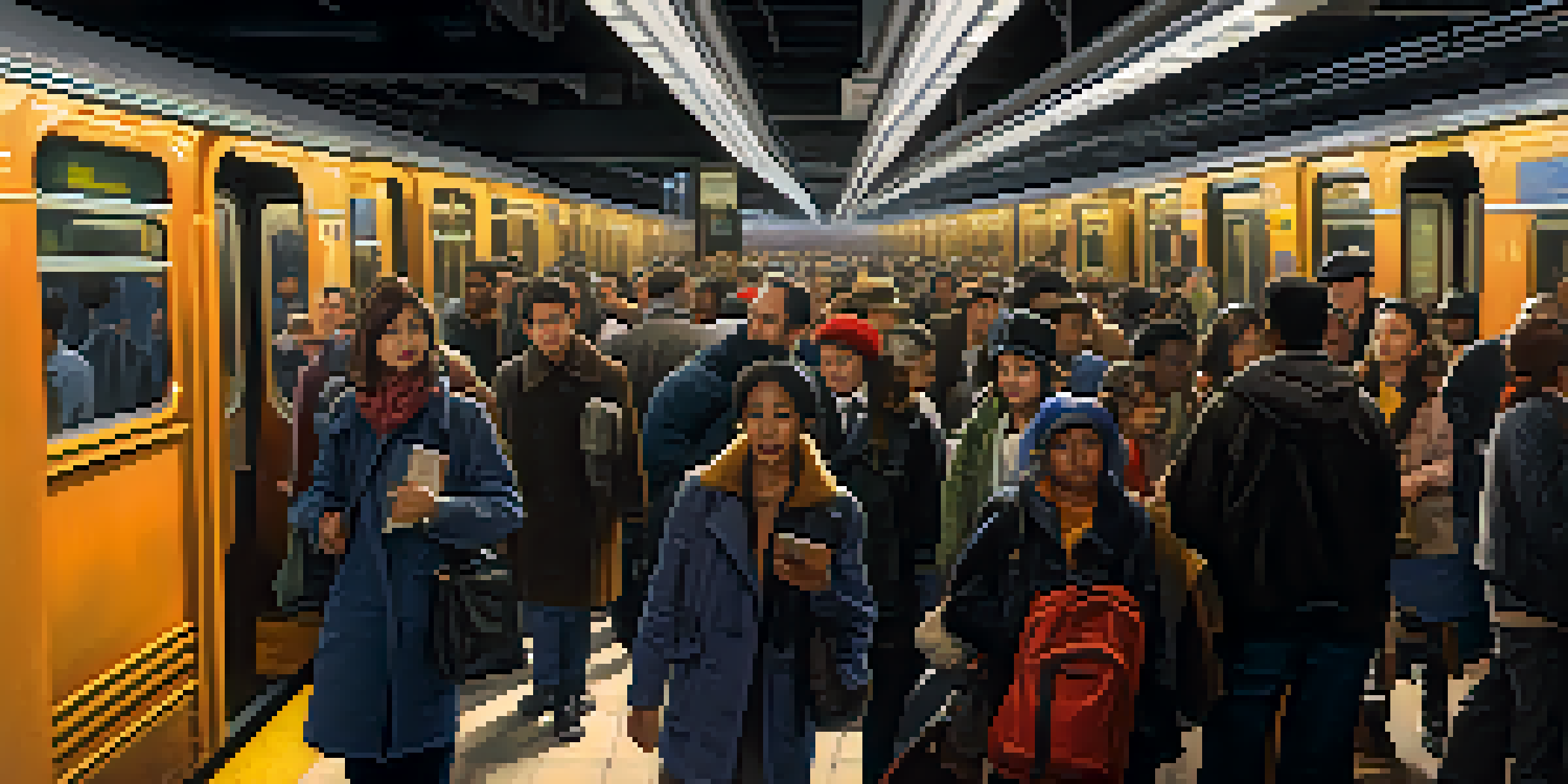 A bustling subway station in New York City filled with diverse commuters during rush hour.