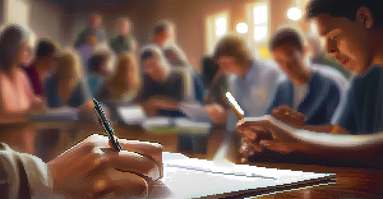 A close-up of a hand writing notes during a community meeting, with blurred participants in the background.