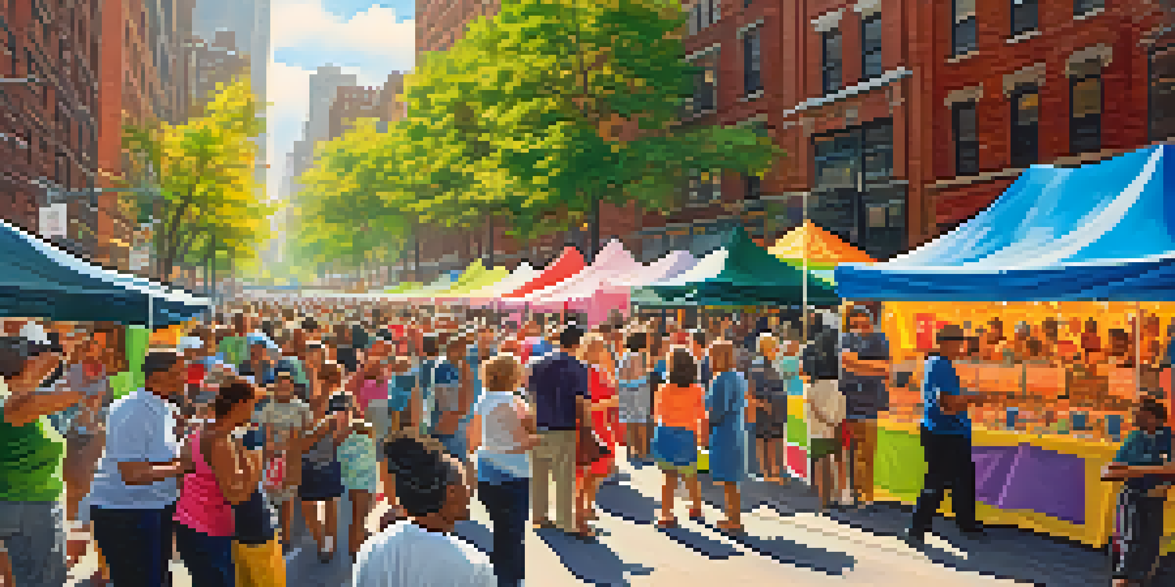 A diverse group of people enjoying a community fundraising event outdoors in New York City, with colorful booths and smiling attendees under sunlight.