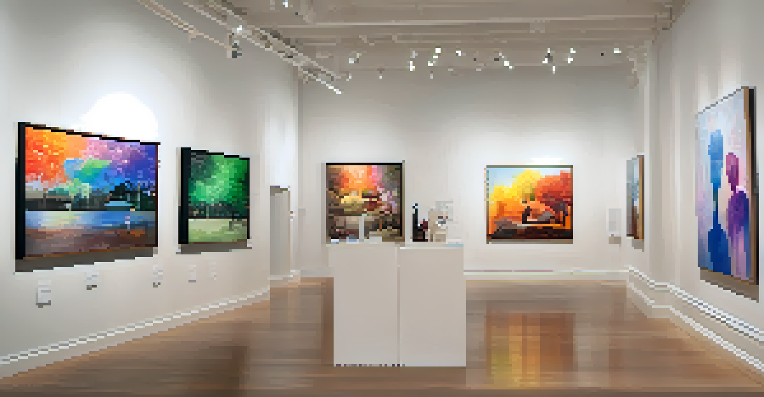 An art gallery in Chelsea filled with colorful LGBTQ+ artworks, where visitors are admiring and discussing the pieces on display.