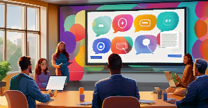 A digital screen showing a virtual town hall meeting with diverse participants interacting through chat bubbles.