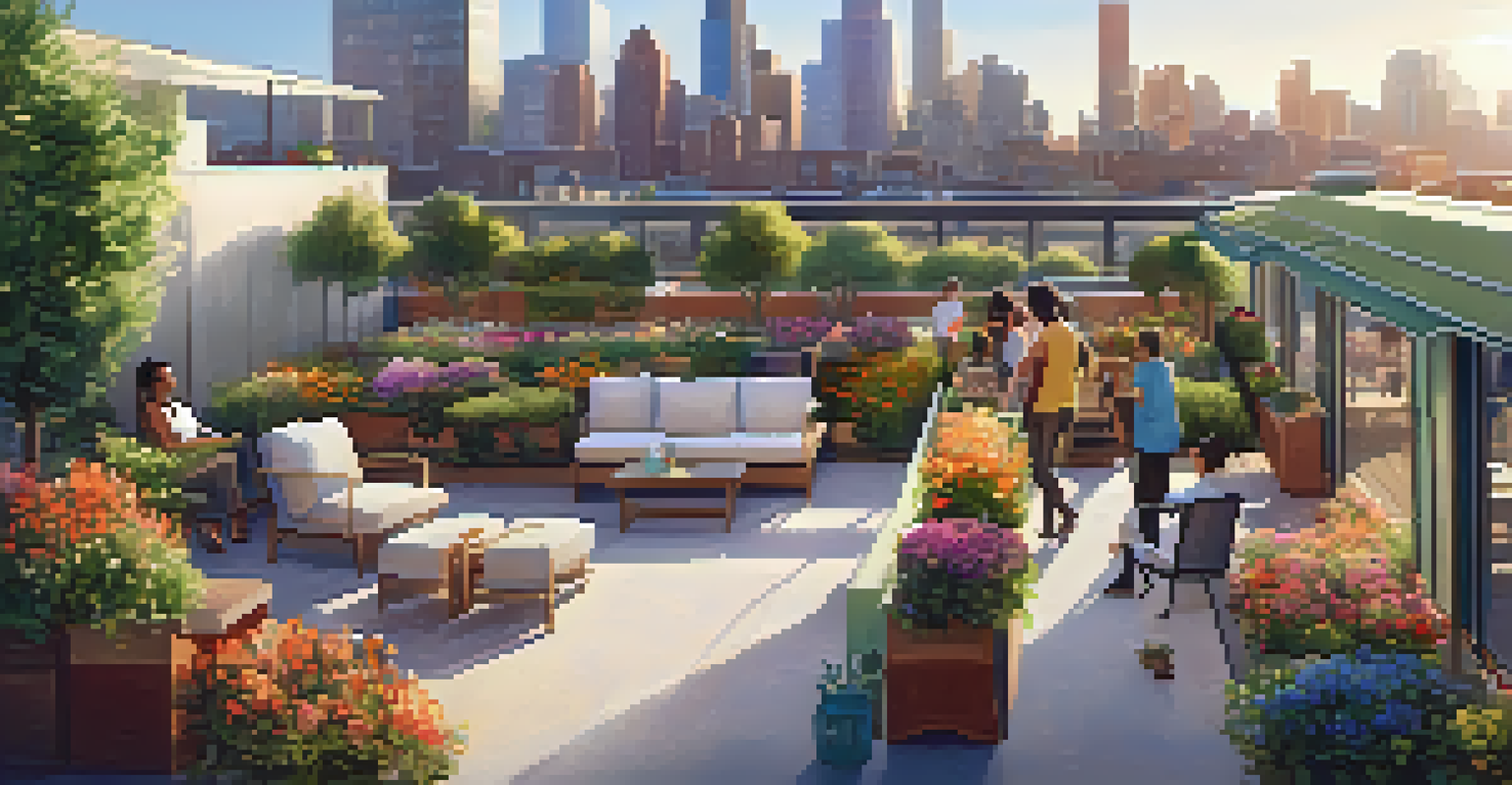 Residents enjoying a rooftop garden with flowers and seating, overlooking an urban skyline.