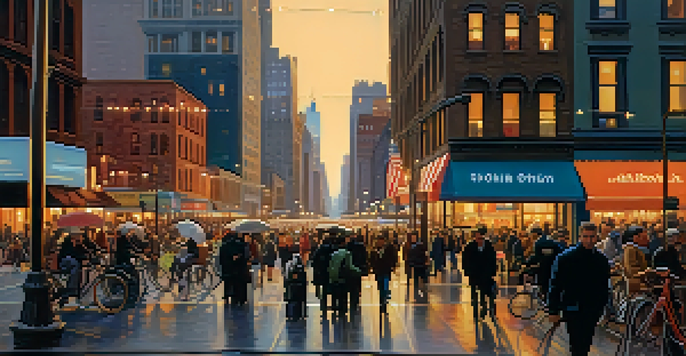 A busy New York City street at dusk with pedestrians, cyclists, and illuminated skyscrapers.