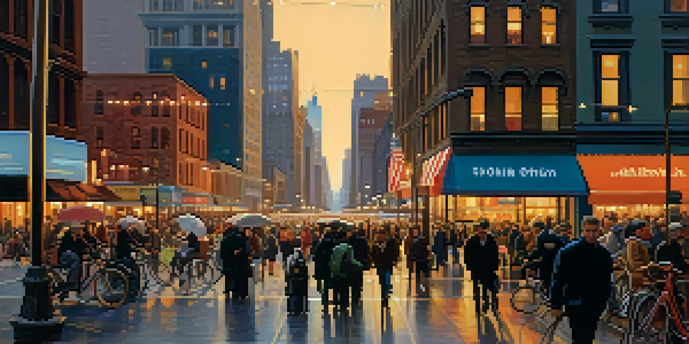 A busy New York City street at dusk with pedestrians, cyclists, and illuminated skyscrapers.