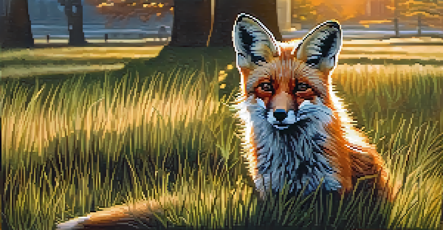 A red fox quietly moving through grass at twilight in a New York City park, with city silhouettes behind it.