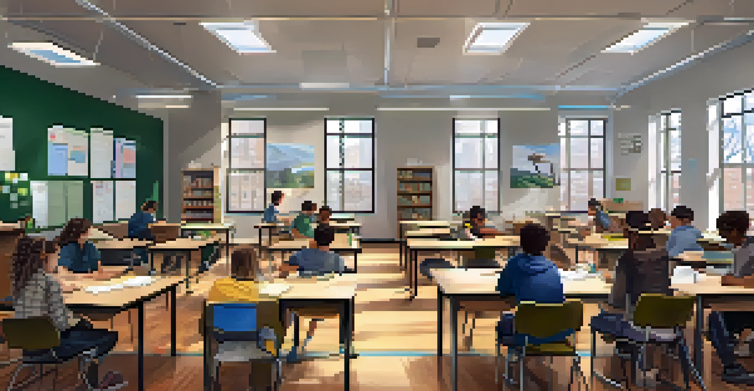 Students using laptops and virtual reality headsets in a modern classroom in New York City, engaged in interactive learning.