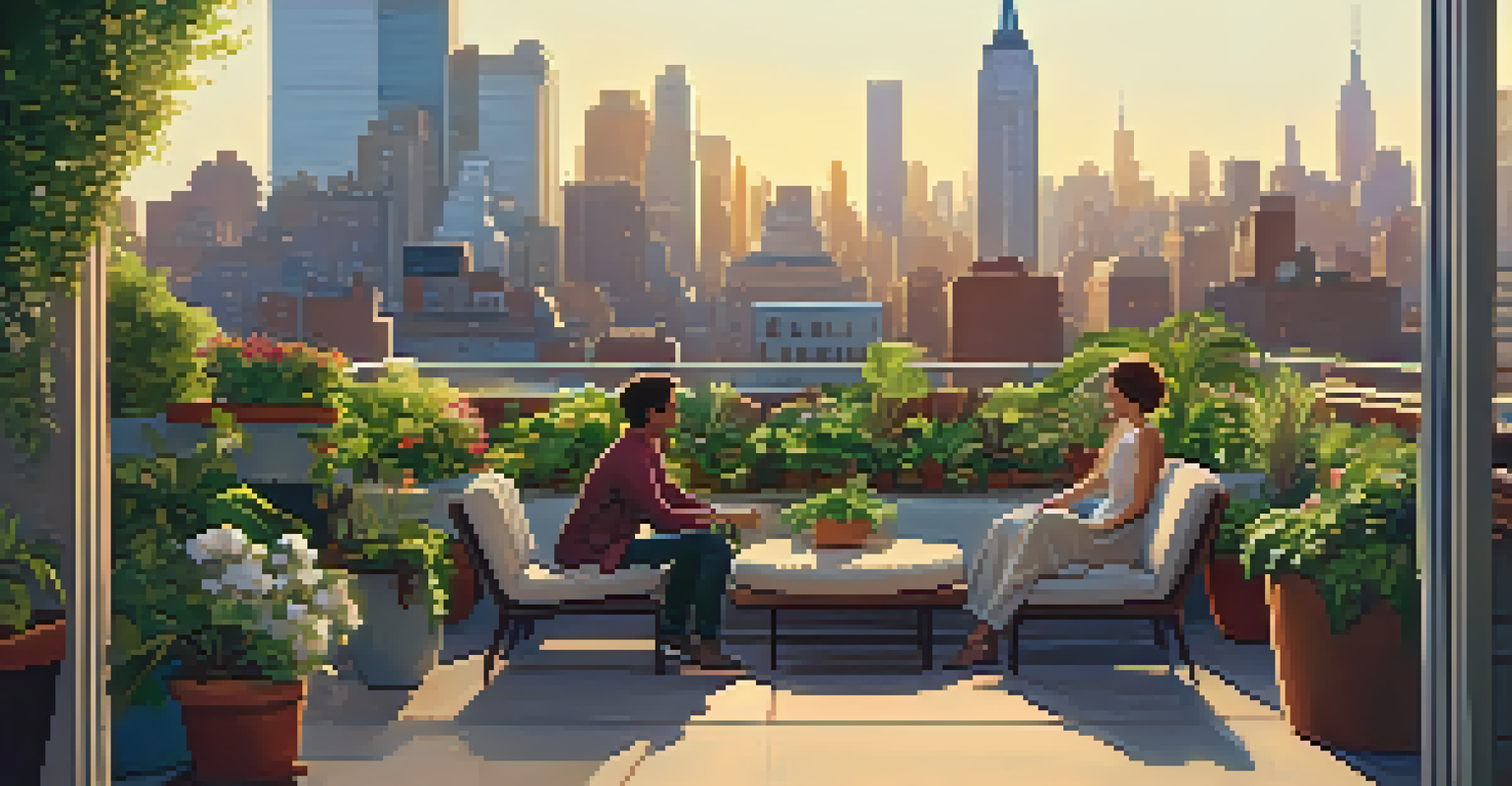 A serene rooftop garden in NYC with lush plants and a couple relaxing, set against a beautiful skyline during sunset.