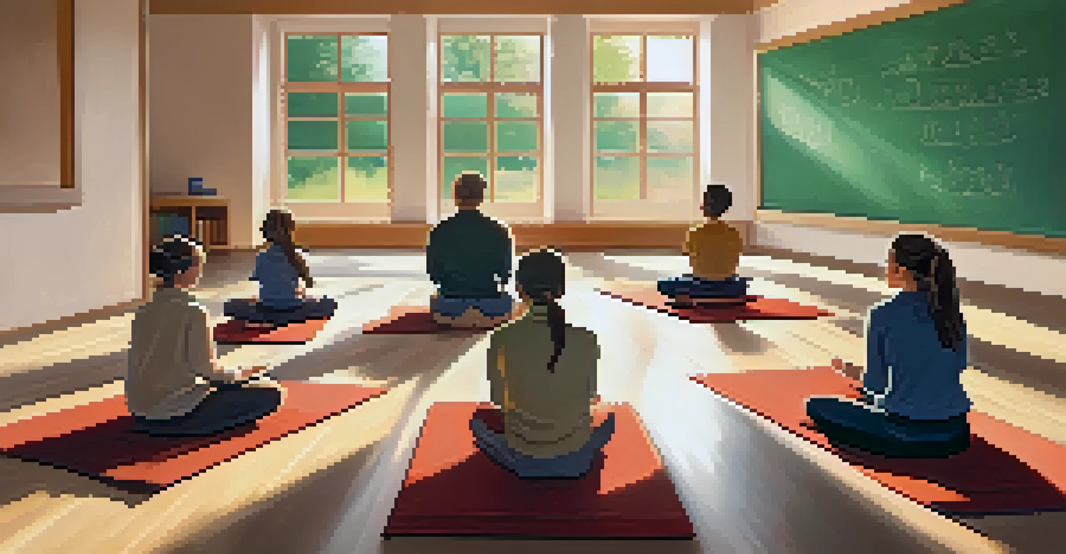 A peaceful classroom with students practicing mindfulness under the guidance of a teacher.