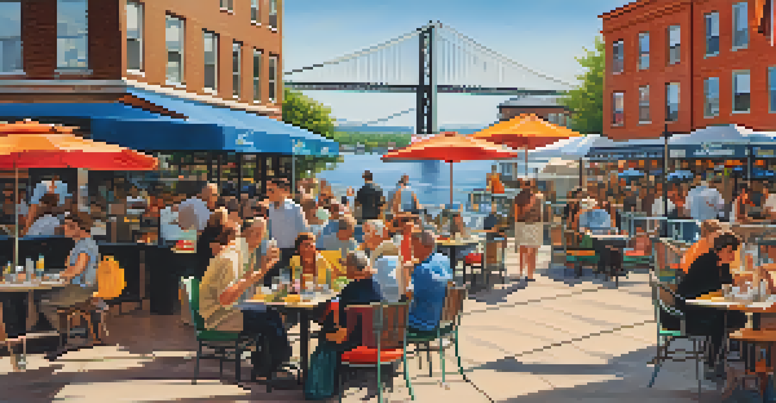 The vibrant waterfront of St. George with outdoor dining, colorful tables, and the Staten Island Ferry in the background.