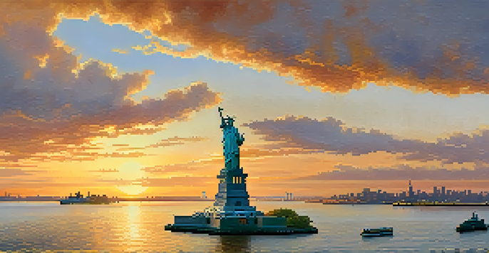 A scenic sunset view of the Statue of Liberty on Liberty Island, with a ferry and colorful sky.