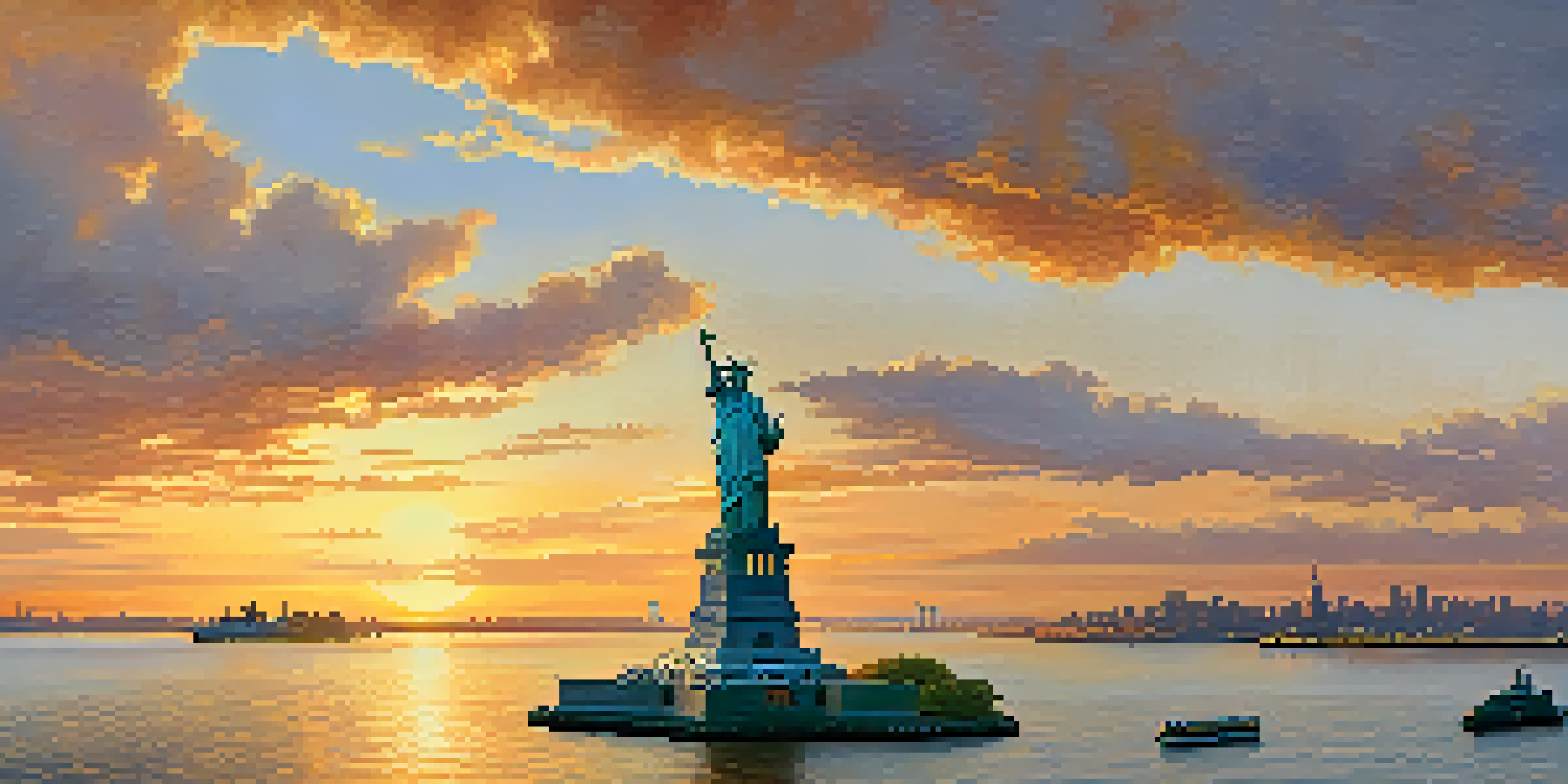 A scenic sunset view of the Statue of Liberty on Liberty Island, with a ferry and colorful sky.