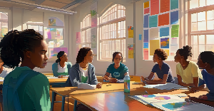 A classroom filled with diverse students participating in a mental health awareness workshop led by a teacher, with colorful posters and natural light.