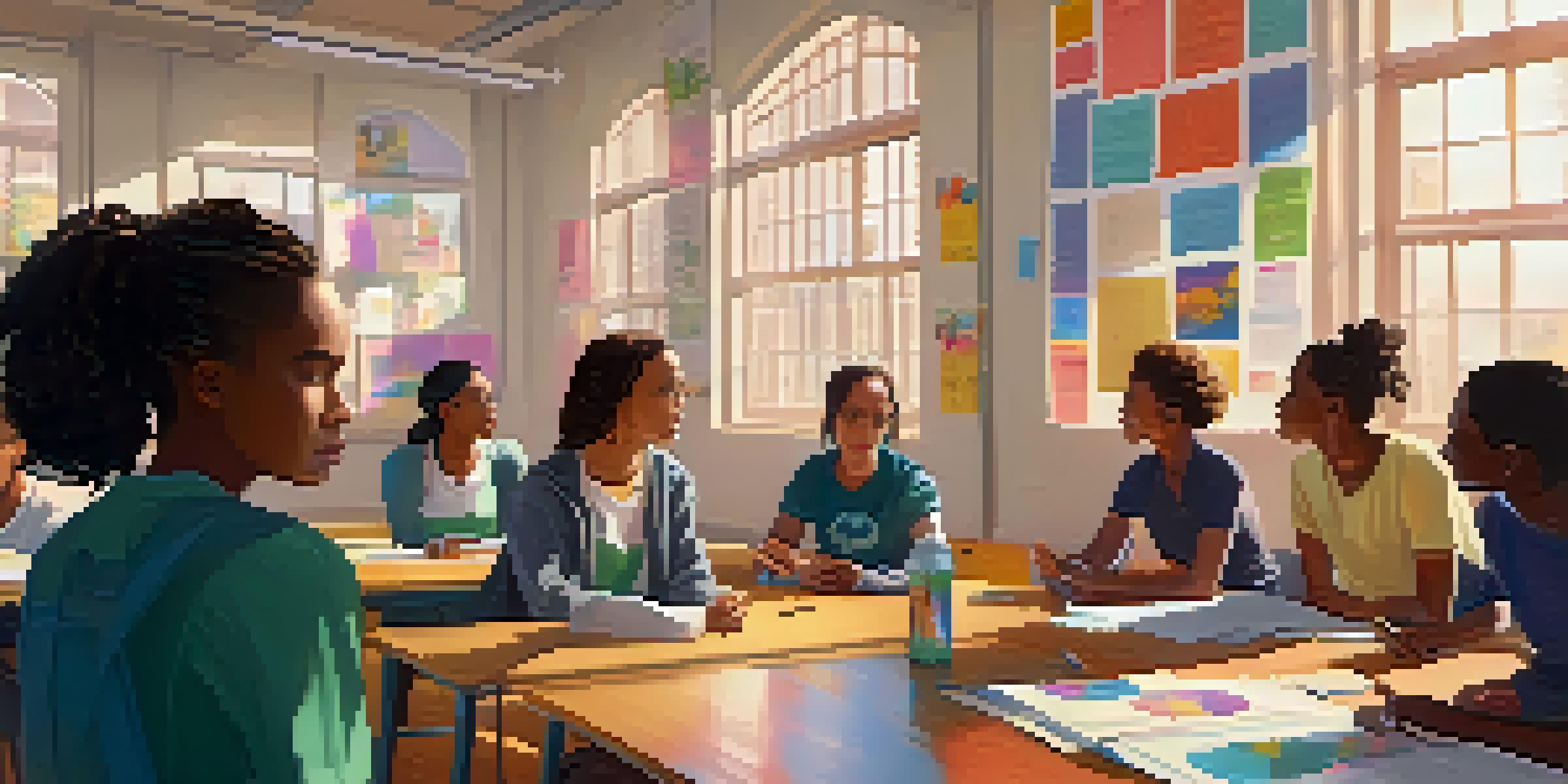A classroom filled with diverse students participating in a mental health awareness workshop led by a teacher, with colorful posters and natural light.