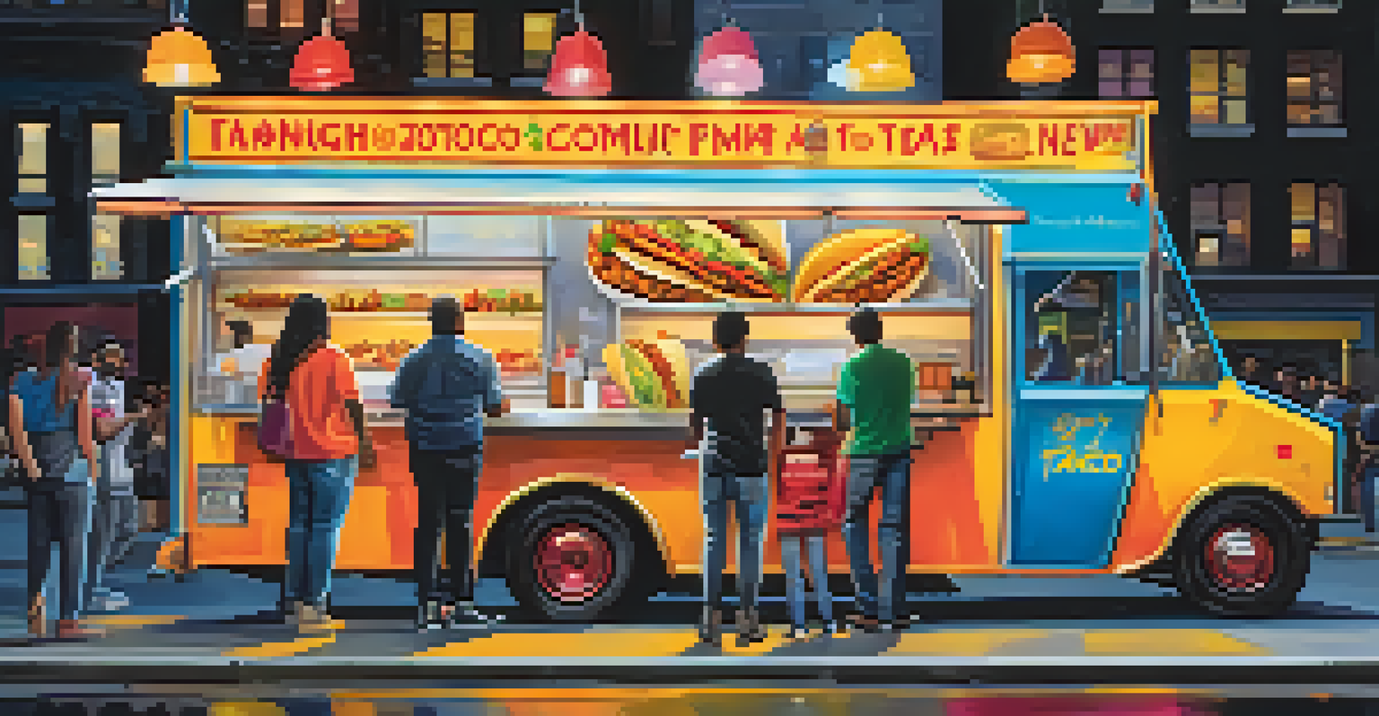 A colorful food truck serving late-night tacos and burgers, with customers lined up to order.