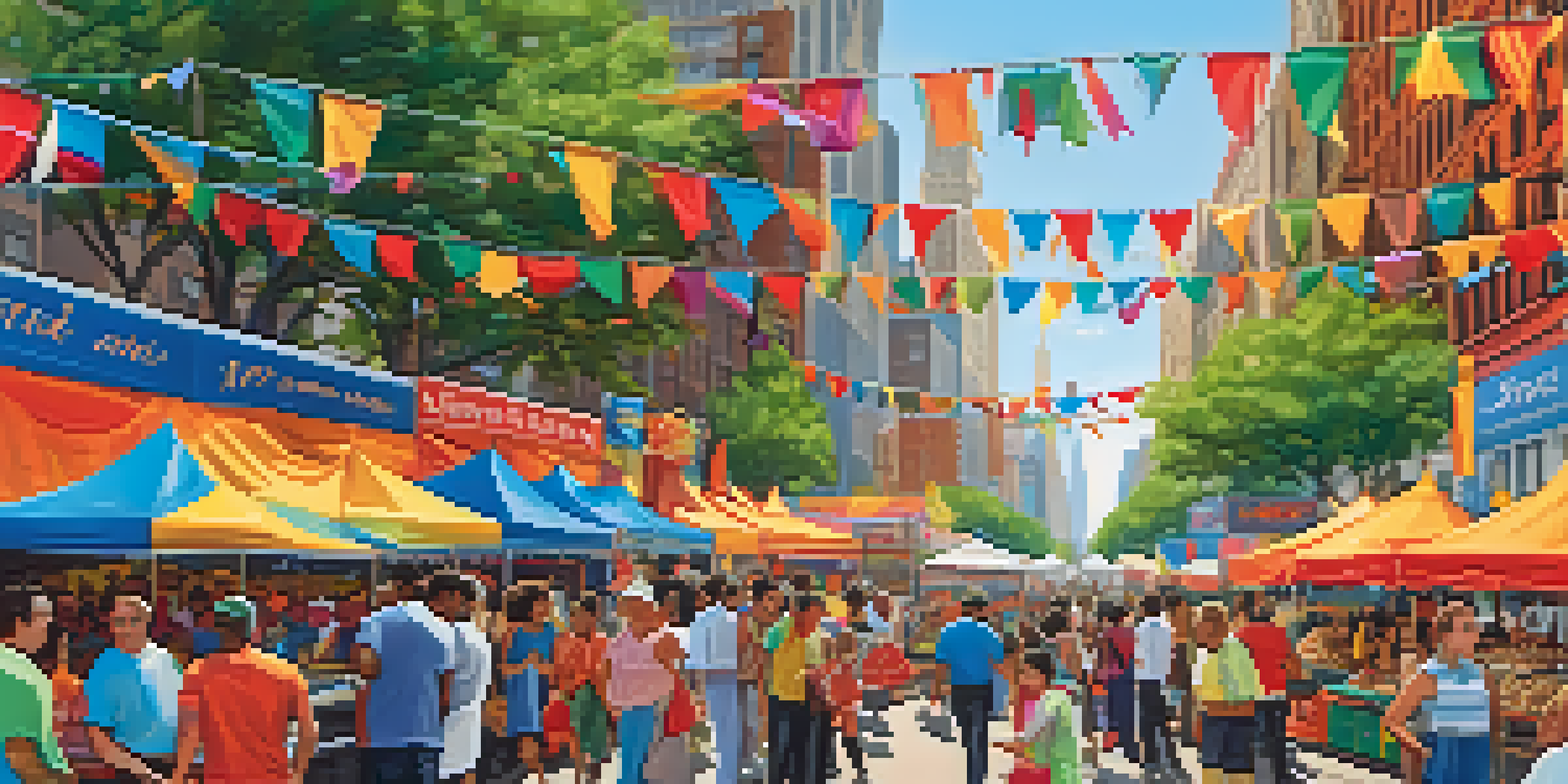 A lively street fair in New York City with diverse cultural booths and people enjoying traditional foods and activities.