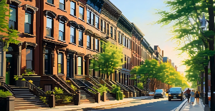 A warm-lit historic brownstone street in Brooklyn with trees and people walking.