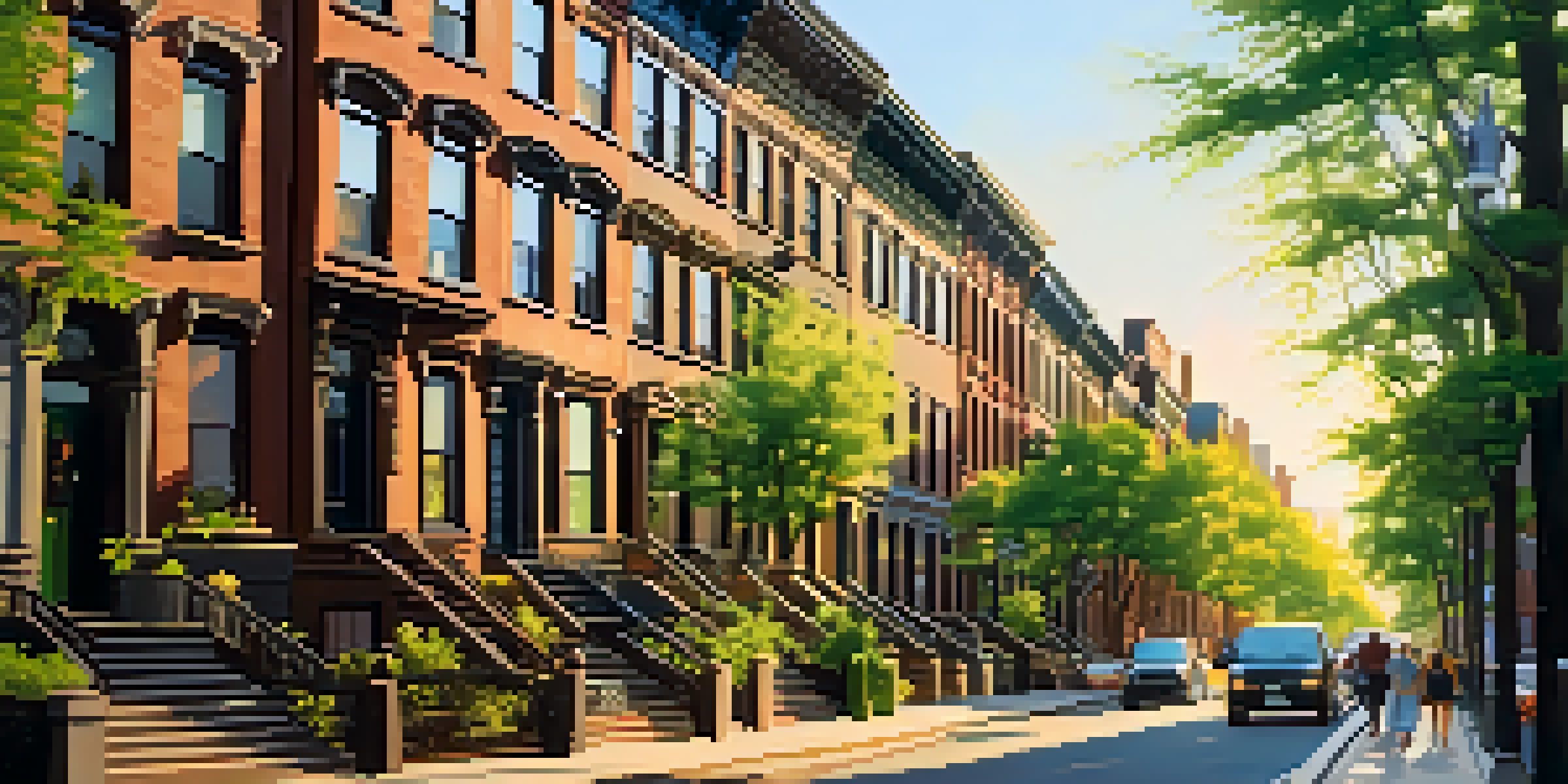 A warm-lit historic brownstone street in Brooklyn with trees and people walking.