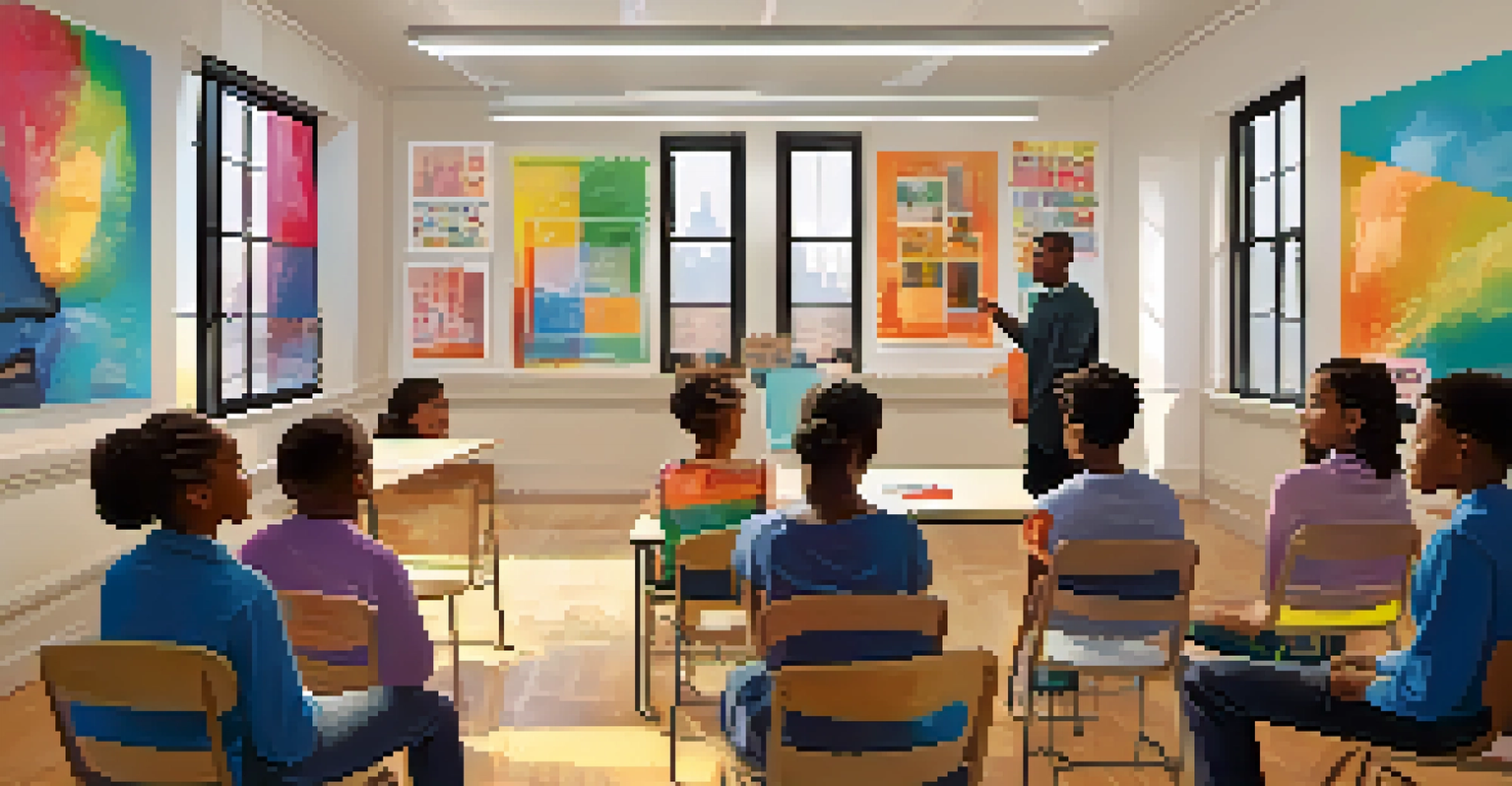 A classroom in NYC with students participating in a mental health workshop, colorful posters on the walls, and sunlight coming through the windows.