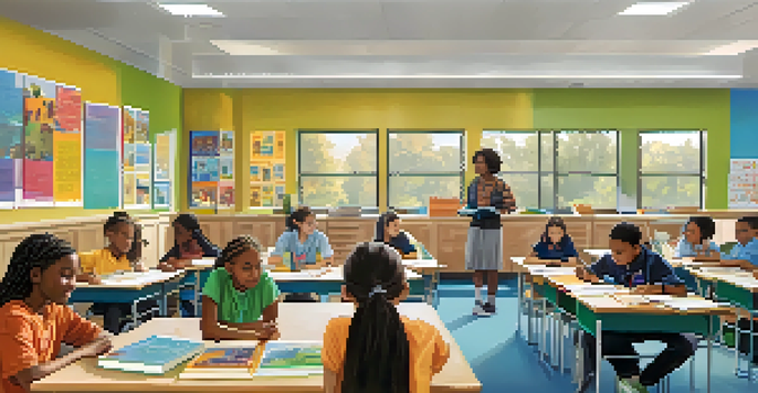A diverse group of students working together in a bright, colorful classroom filled with educational materials and natural light.