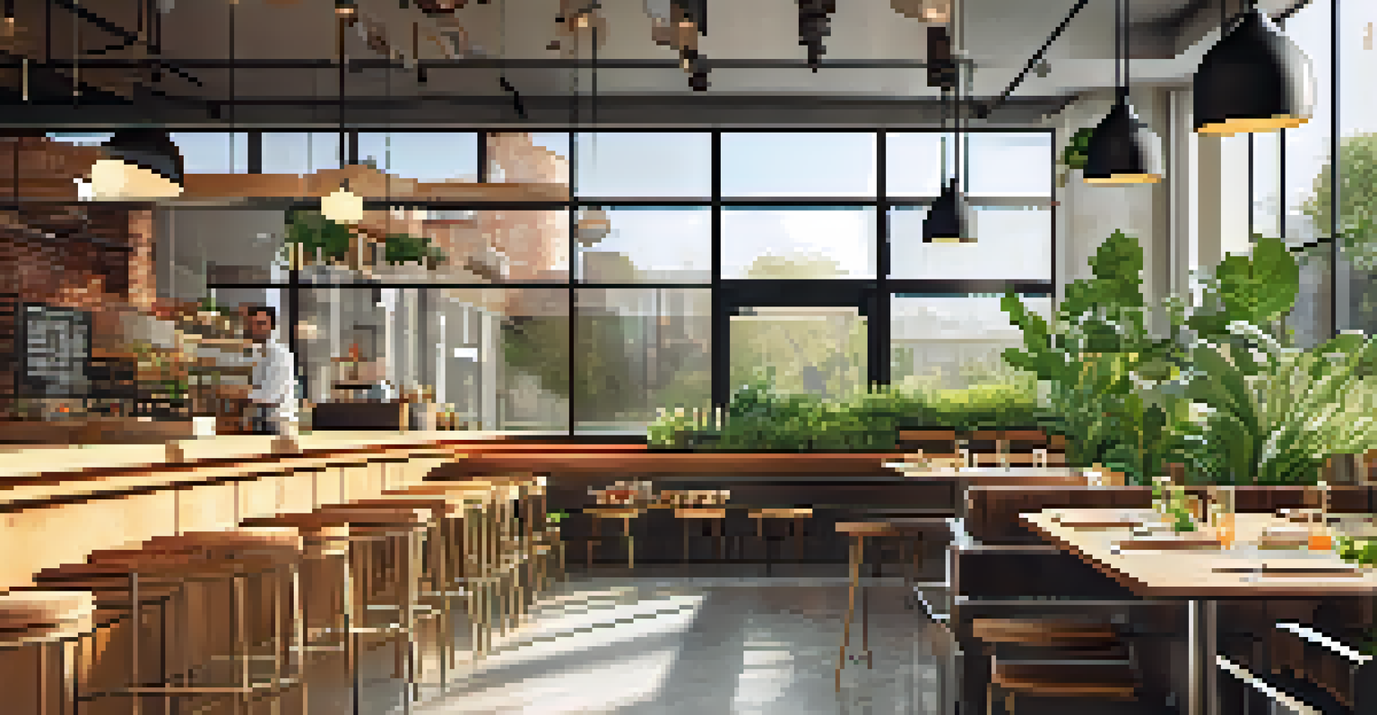 A modern eco-friendly pizzeria interior with sustainable design elements, a visible pizza oven, and customers enjoying their meals in bright natural light.