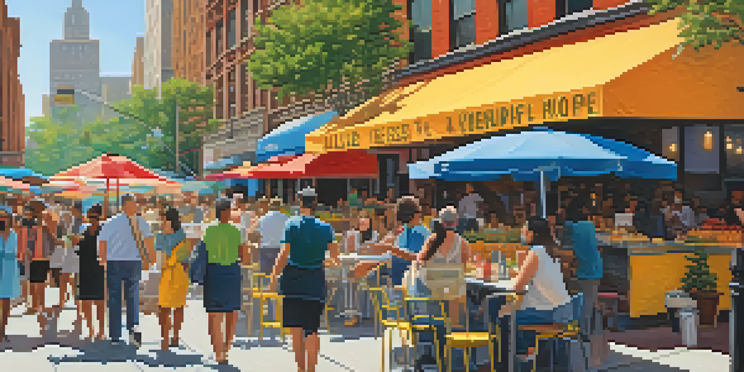 A vibrant New York City street during the pandemic, featuring small businesses, outdoor dining, and people wearing masks.