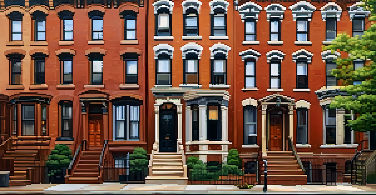 Row of historic Brooklyn brownstones with classic architectural features in warm afternoon sunlight.