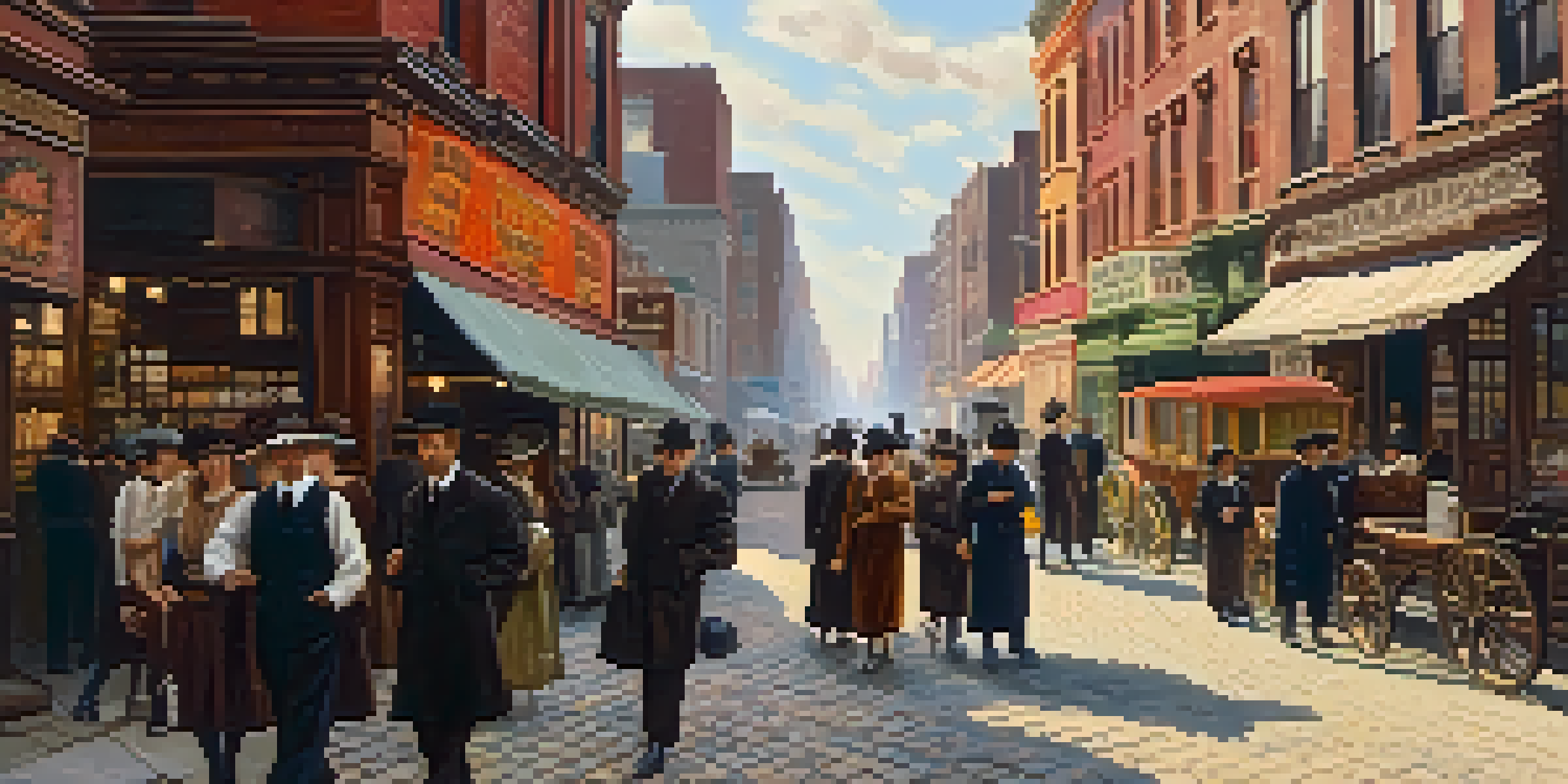 A historical scene depicting Jewish immigrants in the Lower East Side of NYC, with families and vibrant storefronts.