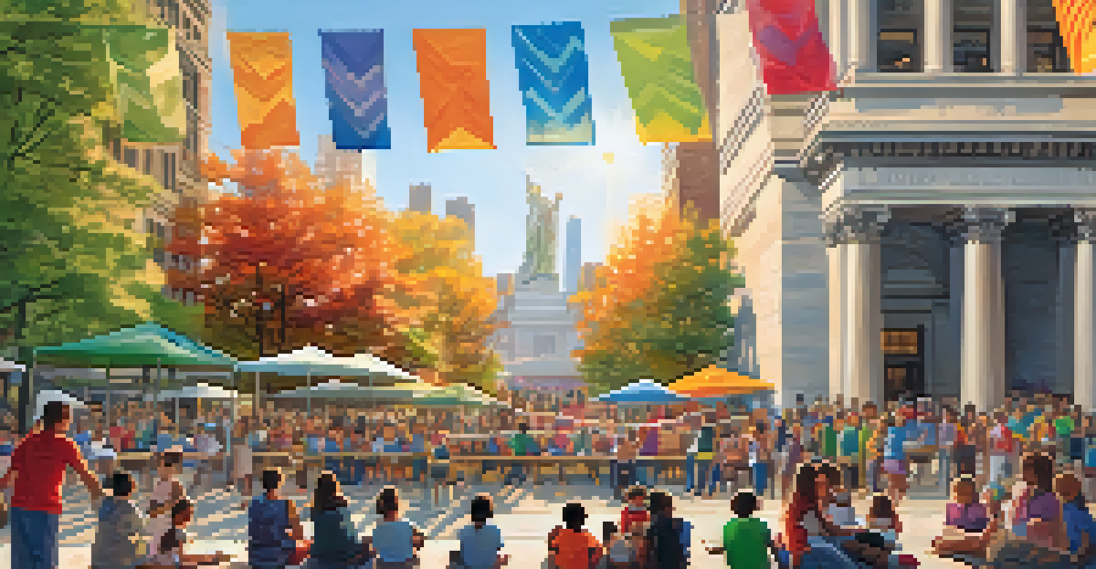 An outdoor cultural event at a New York City library with a local artist painting and families participating in activities under colorful banners.