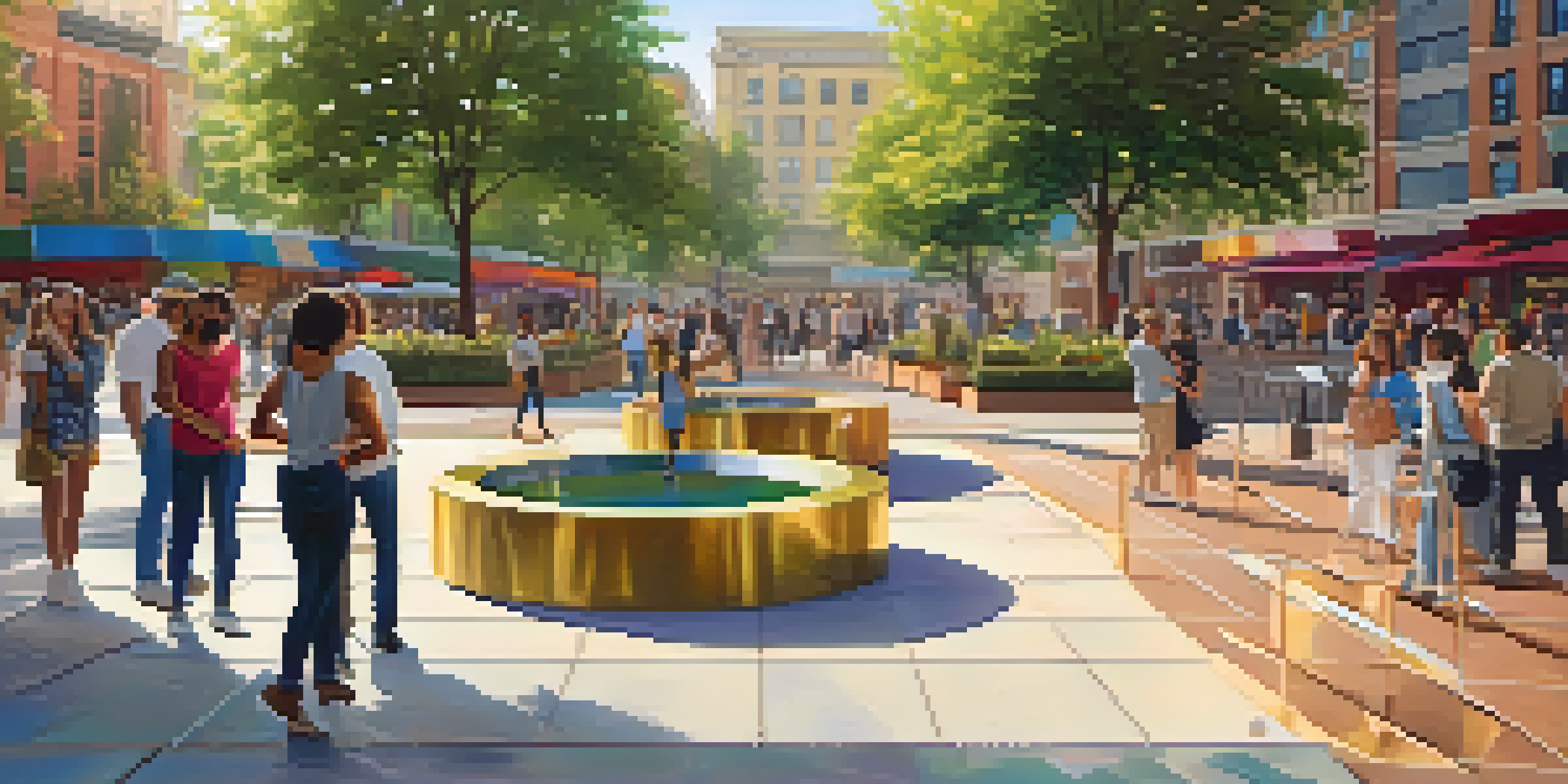 An interactive public art installation in an urban plaza with people touching it, changing its colors under warm sunlight.