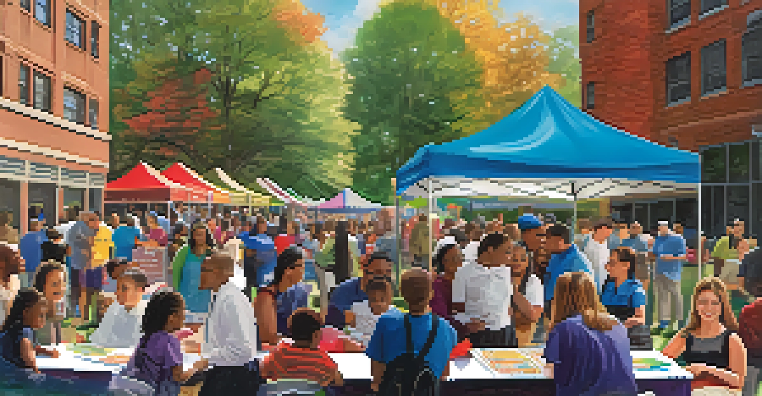 Parents and teachers engaging at a resource fair outside a New York City public school, with colorful banners and a vibrant community atmosphere.