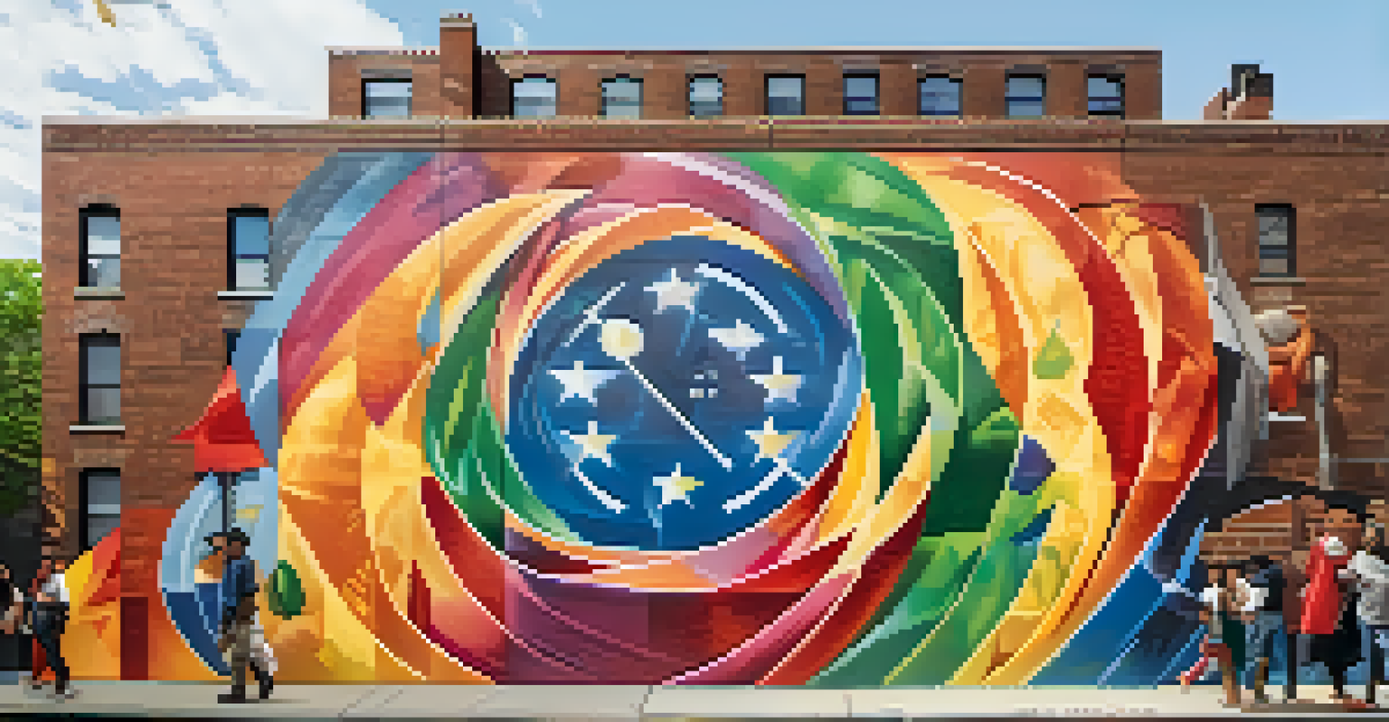 A striking mural on a brick wall showcasing social change themes in a colorful NYC neighborhood.
