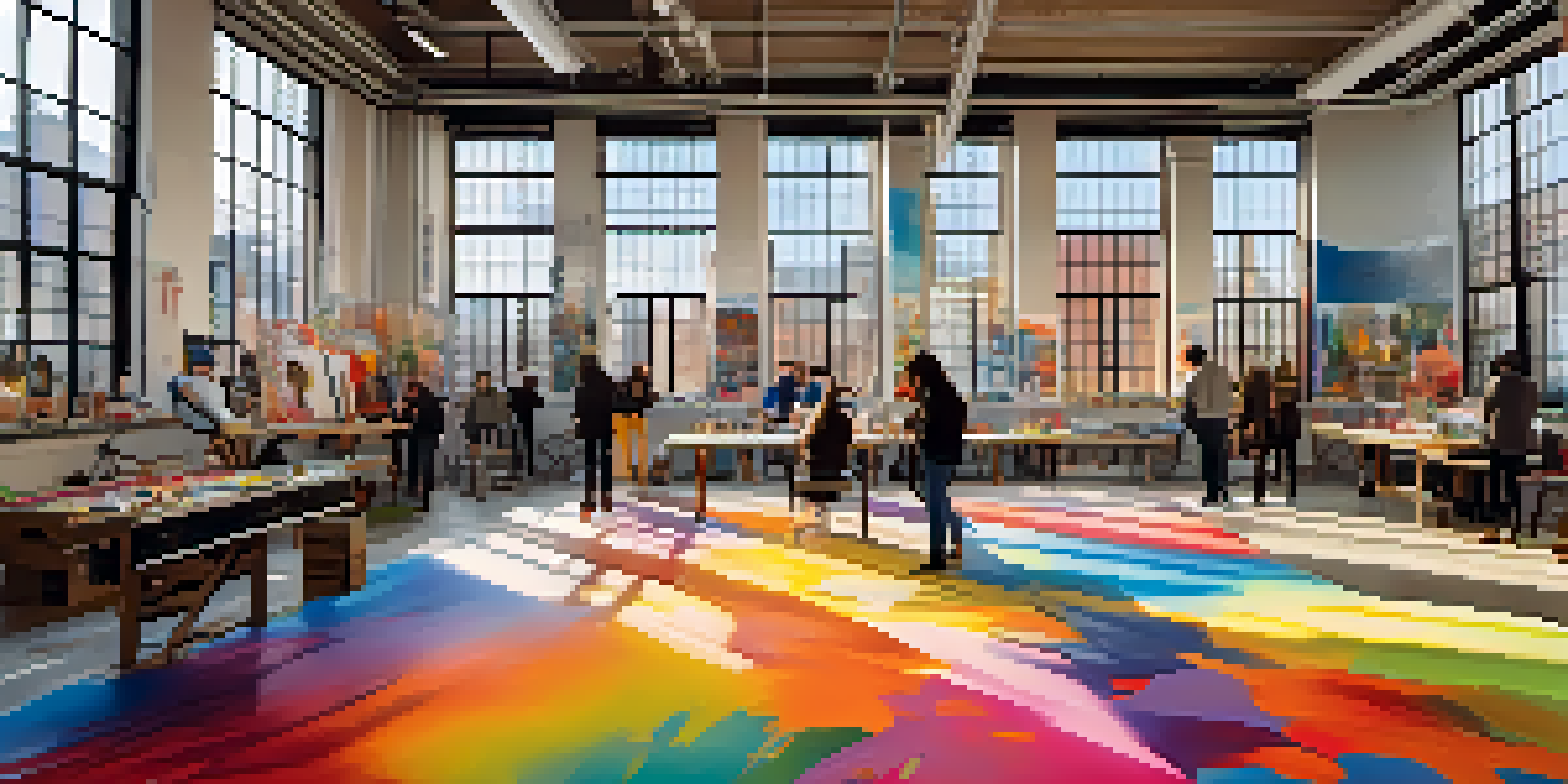 A lively community art space in NYC with artists collaborating on a mural, colorful art supplies, and sunlight streaming through windows.