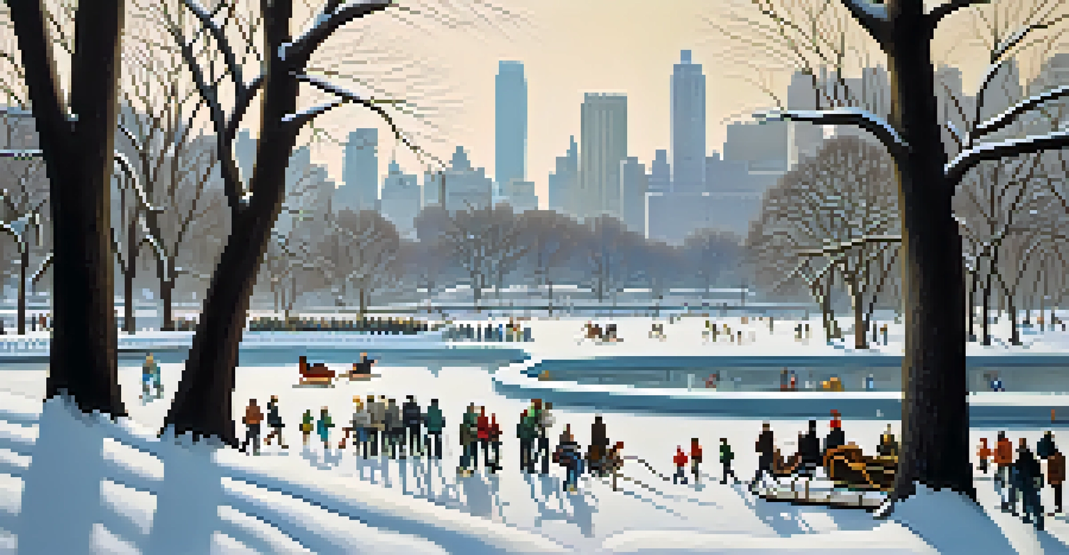 A snowy winter day in Central Park with ice skaters at Wollman Rink and a couple on a sleigh ride.