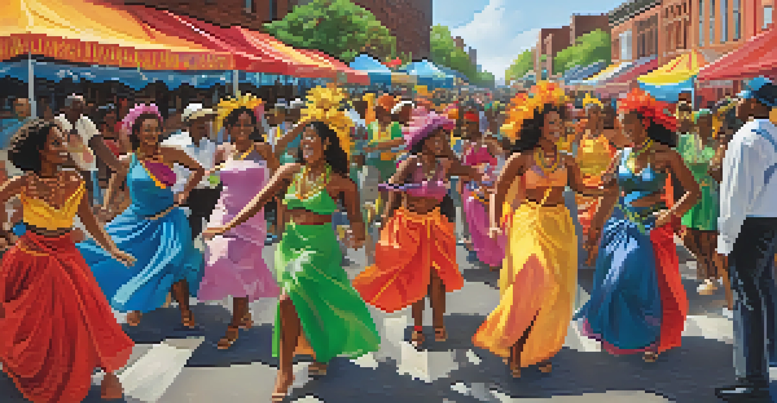 A colorful Caribbean street festival in Brooklyn, showcasing dancers in vibrant costumes and food stalls.