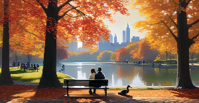 A beautiful autumn scene in Central Park with colorful leaves, a lake, and a couple sitting on a bench.